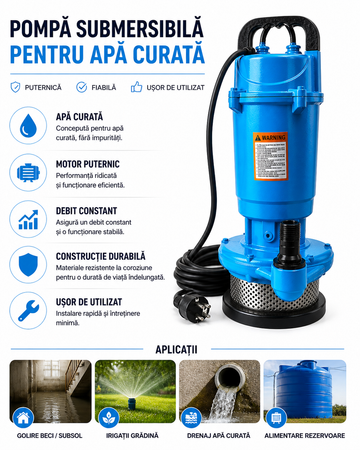 Pompă Submersibilă pentru Apă Curată QDX-20 cu Putere de 0.55kW – Soluție Eficientă pentru Irigații, Fântâni sau Draining