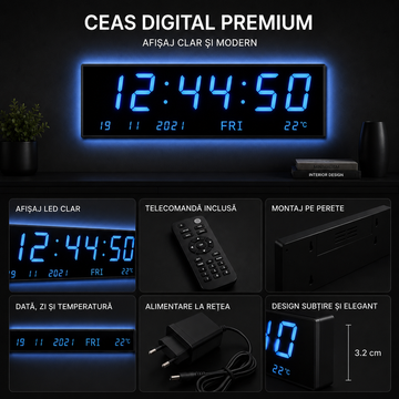 Ceas Digital LED 70 cm cu Telecomandă – Afișaj Oră, Dată, Temperatură, Alarmă, LED Albastru