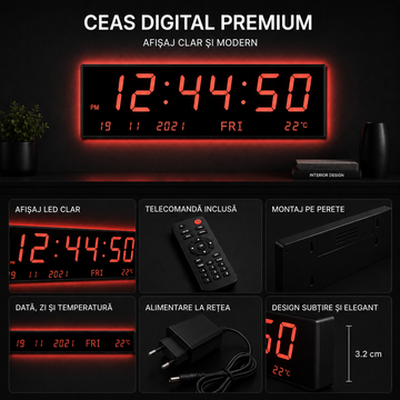 Ceas Digital LED 70 cm cu Telecomandă – Afișaj Oră, Dată, Temperatură, Alarmă, LED Rosu