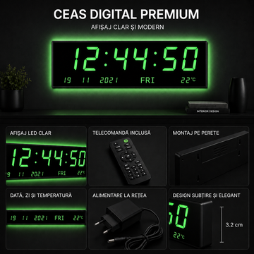 Ceas Digital LED 70 cm cu Telecomandă – Afișaj Oră, Dată, Temperatură, Alarmă, LED Verde