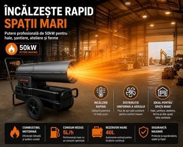Tun de Căldură pe Motorină 50kW cu Rezervor de 40L și Consum de 5L/h – Ideal pentru Încălzirea Spațiilor Mari