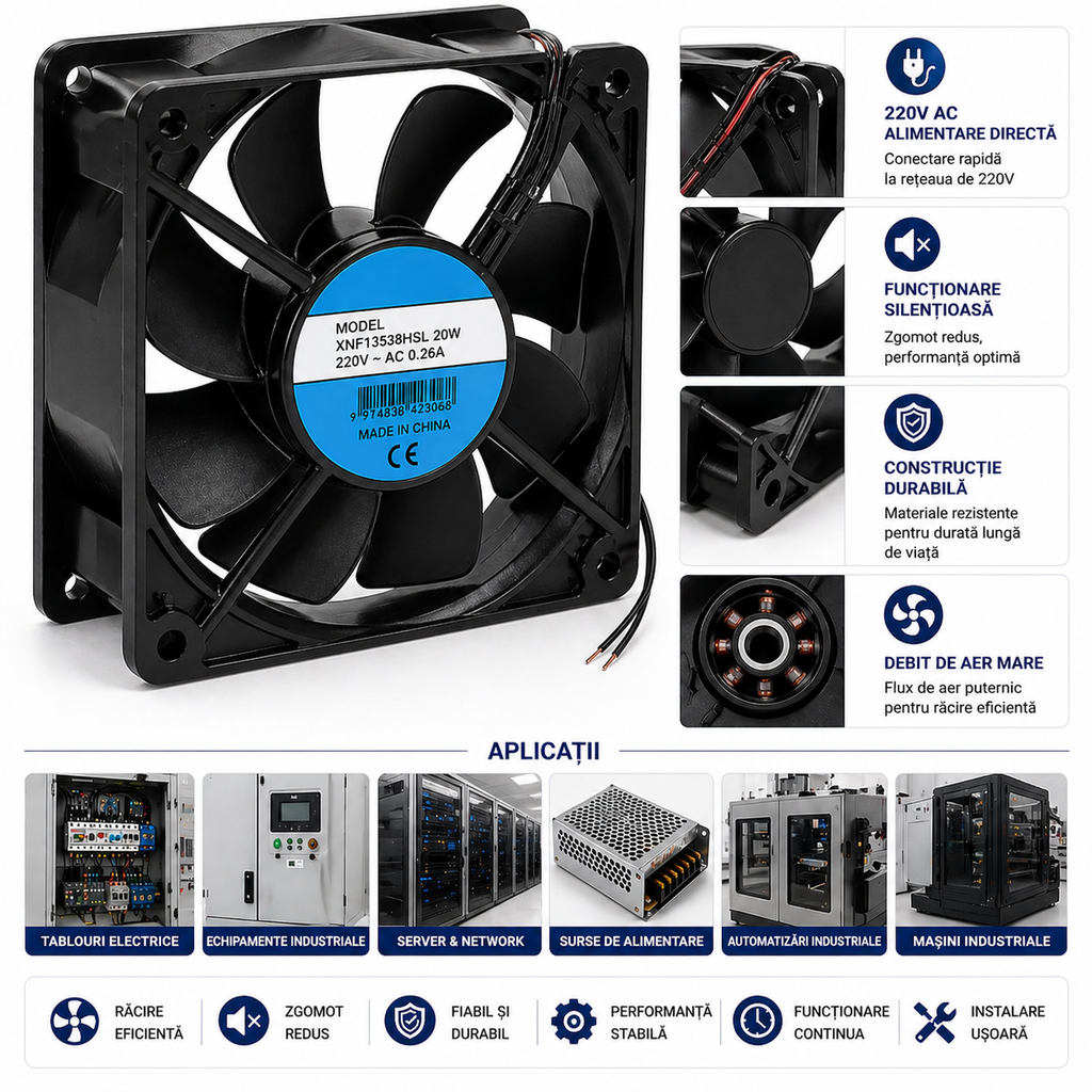 Ventilator 220V 120x120x38mm – Răcire Eficientă pentru Computer, Servere sau Spații Restrânse