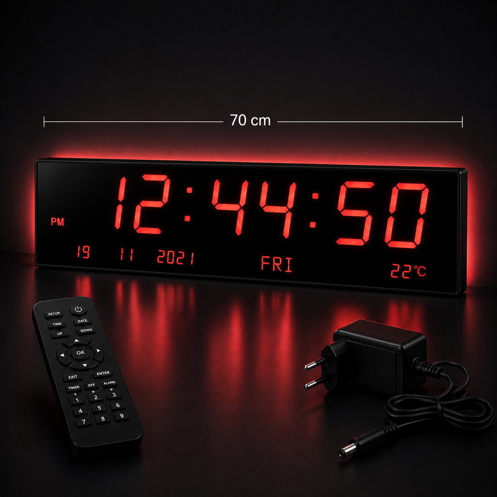 Ceas Digital LED 70 cm cu Telecomandă – Afișaj Oră, Dată, Temperatură, Alarmă, LED Rosu