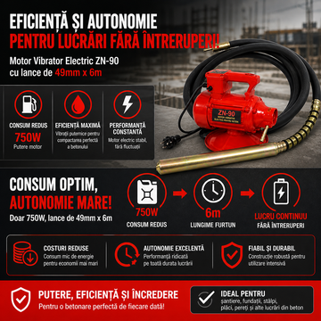 Motor Vibrator Electric pentru Beton ZN-90 cu Lance de 49mm x 6m – Echipament Profesional pentru Compactare și Finisare