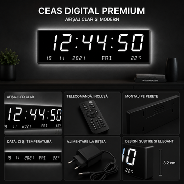 Ceas Digital LED 70 cm cu Telecomandă – Afișaj Oră, Dată, Temperatură, Alarmă, LED Alb