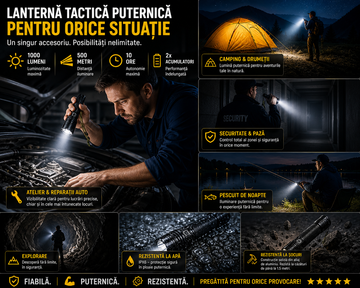 Lanterna Profesională VTM® cu LED și Încărcare USB – Iluminare 500m, Afisaj Baterie, Acumulatori Incluși, Ideală pentru Pescuit, Camping, Protecție și Vânătoare, Culoare Neagră