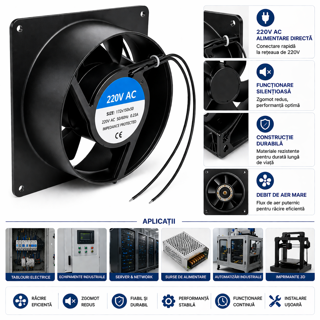 Ventilator AC 220V 120x120x38mm - Design Patrat-Rotund pentru Răcire Eficientă în Spații Mici și Medii