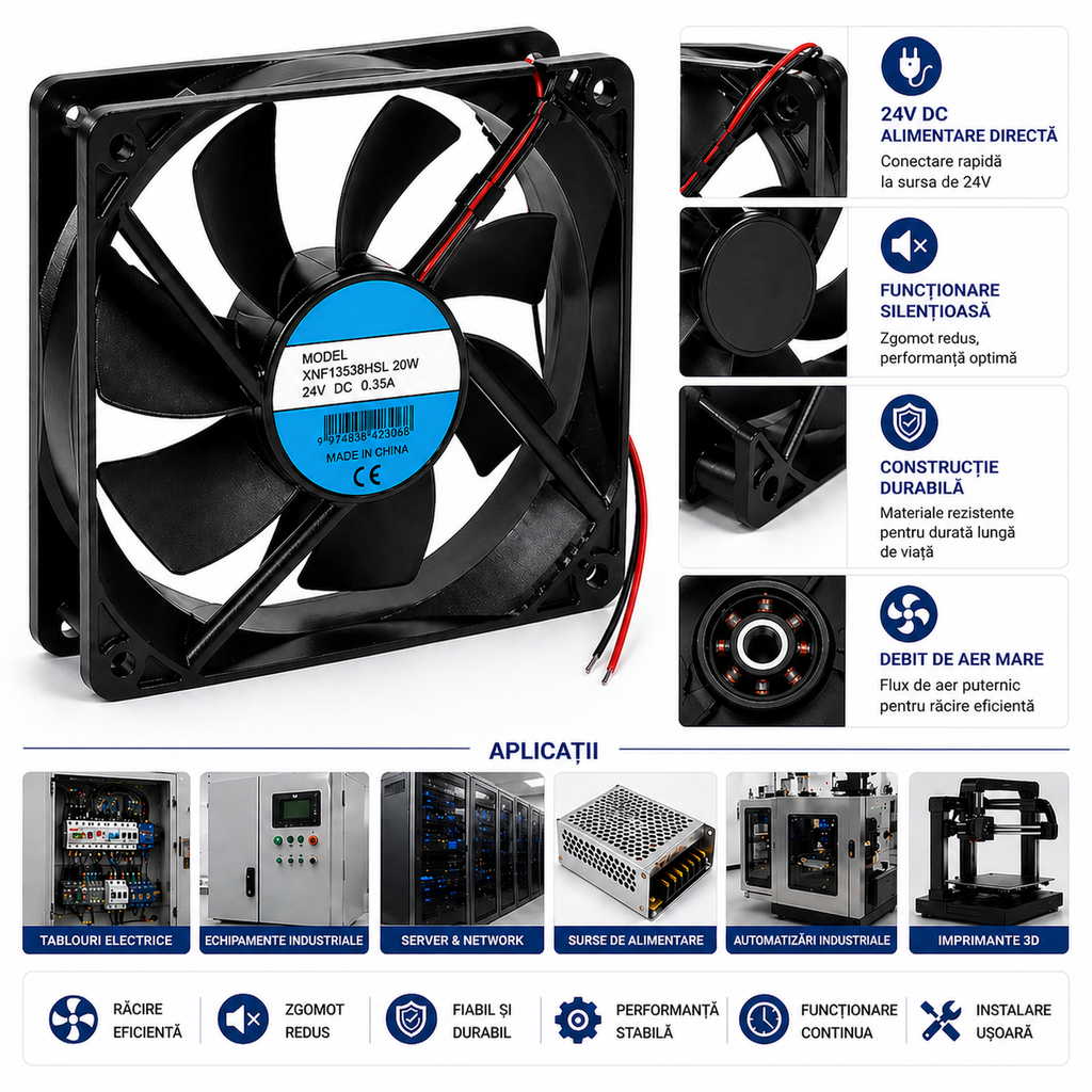 Ventilator 24V 92x92x25 mm – Soluție de Răcire Eficientă pentru PC-uri, Servere sau Spații Înguste