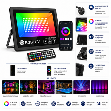 Intelligens RGBCW LED projektor, Alkalmazás, UV fény, Beltéri/Kültéri, Vízálló, Internetes telefon vezérlés, Zene szinkronizálás, Távirányító, Fény programozási mód, 100 W, Fekete 