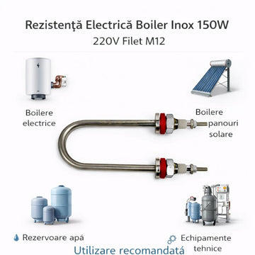 Rezistență Boiler Inox 150W, 220V, Filet M12, Element 8mm, Tip U