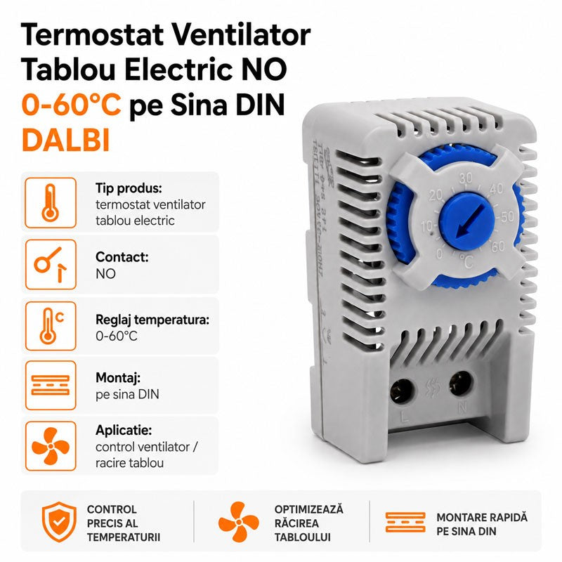 Termostat Tablou Electric NO 0-60°C, Ventilație pe Șină DIN DALBI