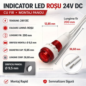 Indicator LED Roșu 24V DC Panou 9, 5mm cu Fire 20cm, Set 10 Bucăți