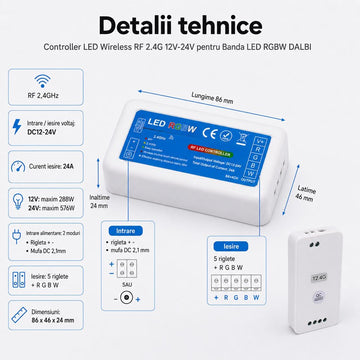 Controller LED Wireless RF 2.4G 12V-24V, Pentru Banda LED RGB RGBW DALBI