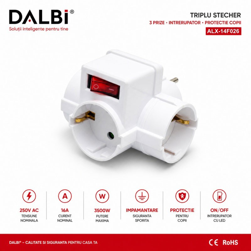 Triplu Stecher 3 Prize Compact 16A 250V, Cu Intrerupător și Protecție Copii DALBI