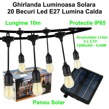 Ghirlandă Luminoasă Solară 10m cu 20 Becuri LED E27 – Lumină Caldă pentru Decorare Exterioară și Grădină