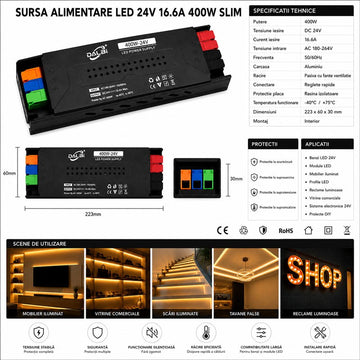 Sursă Alimentare LED 24V 400W 16.6A Slim, Conectare Rapidă Push-In DALBI