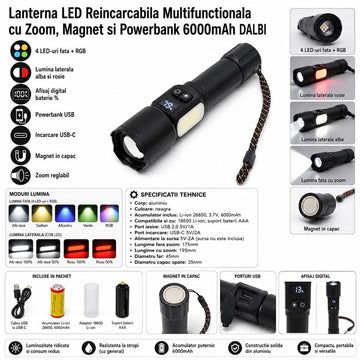 Lanternă LED Reîncărcabilă DALBI 6000mAh, 4 LED-uri, Powerbank, Magnet, Zoom