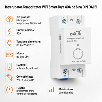 Intrerupător Temporizator WiFi Smart Tuya 40A, Pe Sina DIN DALBI