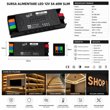 Sursă Alimentare LED 12V 60W 5A Slim, Conectare Rapidă Push-In, Carcasă Aluminiu DALBI