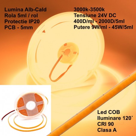Banda led Cob 400Led/m - 5mm - DC 24V -  Lumina Alb-Cald 3500K - 9W/m IP20 - 5m/Rol