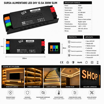 Sursă Alimentare LED 24V 300W 12.5A Slim, Conectare Rapidă Push-In DALBI
