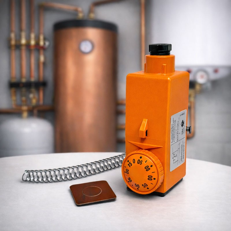 Termostat de Contact cu Brățară pentru Conducte, Reglaj 20-90°C, Control Pompă Recirculare