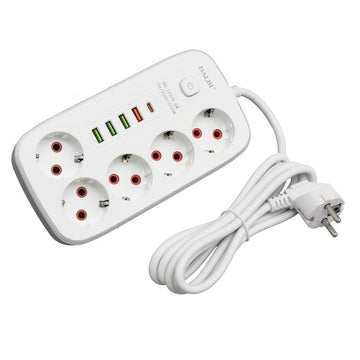 Prelungitor Multifuncțional 2m cu 5 Prize și 4 Porturi USB 2.1A, PD – Cu Întrerupător pentru Birou și Acasă
