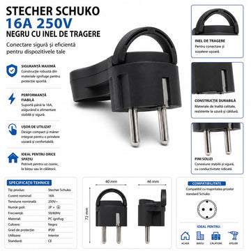 Stecher Schuko 16A 250V Negru, Inel Tragere, Profil Redus DALBI
