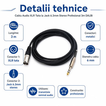 Cablu Audio XLR Tata la Jack 6.3mm Stereo Profesional 3m, DALBI