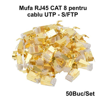 Mufa RJ45 S/FTP CAT 8 Auriu, Ecranare Metalică, 50 Buc/Set