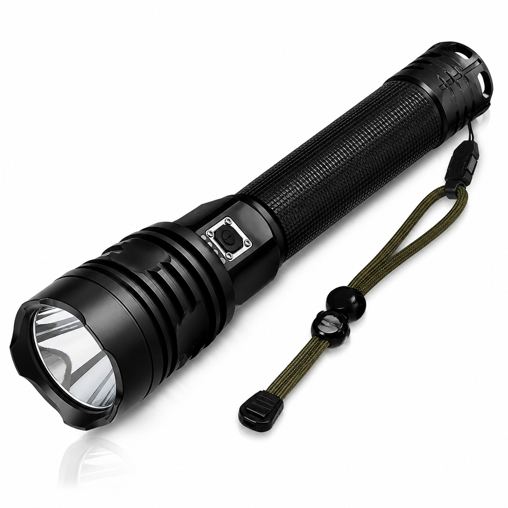 Lanterna Profesională VTM® cu LED și Încărcare USB – Iluminare 500m, Afisaj Baterie, Acumulatori Incluși, Ideală pentru Pescuit, Camping, Protecție și Vânătoare, Culoare Neagră