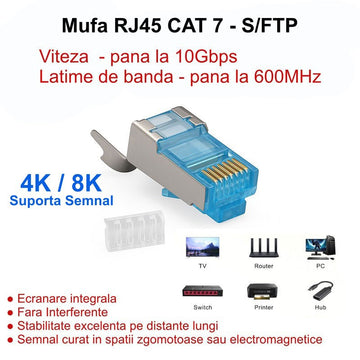 Mufa RJ45 S/FTP CAT 7 Albastru, Ecranare Metalică, 50 Buc/Set