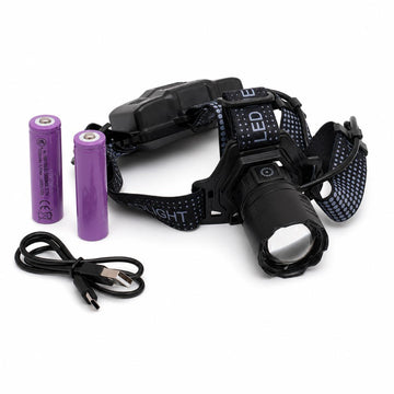 Lanternă Frontală LED 4 Culori, Alb Cald, Alb Rece, Albastru, Roșu, Acumulator 18650, USB-C, Zoom
