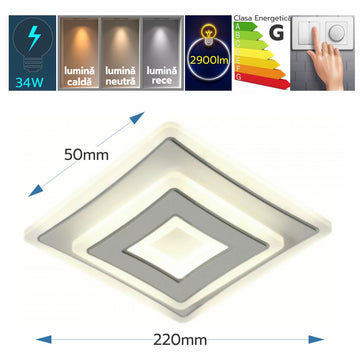Plafonieră LED Sinope, 34W, 2900lm, 3000K/4000K/6500K, 220x220x50mm