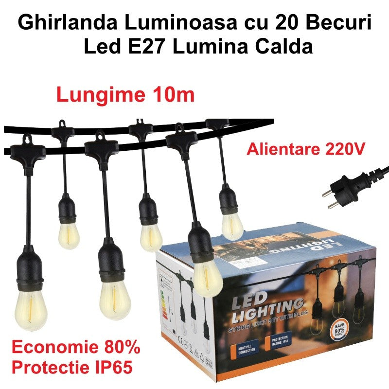 Ghirlandă Luminoasă E27 cu 20 Becuri, 10 Metri, Lumina Caldă 220V – Ideală pentru Decorare Interioară și Exterioară