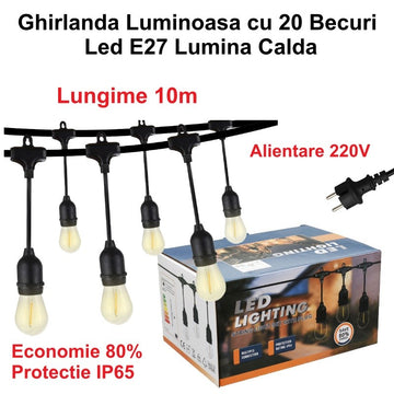 Ghirlandă Luminoasă E27 cu 20 Becuri, 10 Metri, Lumina Caldă 220V – Ideală pentru Decorare Interioară și Exterioară