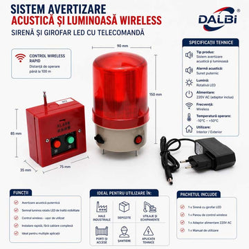 Sistem Avertizare Acustică și Lumină DALBI, Sirenă și Girofar LED cu Telecomandă Wireless
