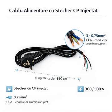 Cablu Alimentare Schuko 3x0.75mm² 300/500V, Lungime 1.4m, Negru