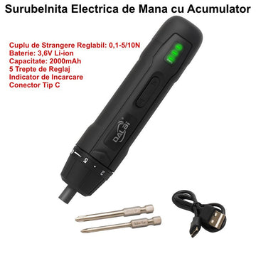 Șurubelniță Electrică cu Acumulator 3, 6V, Cuplu Reglabil 5 Trepte