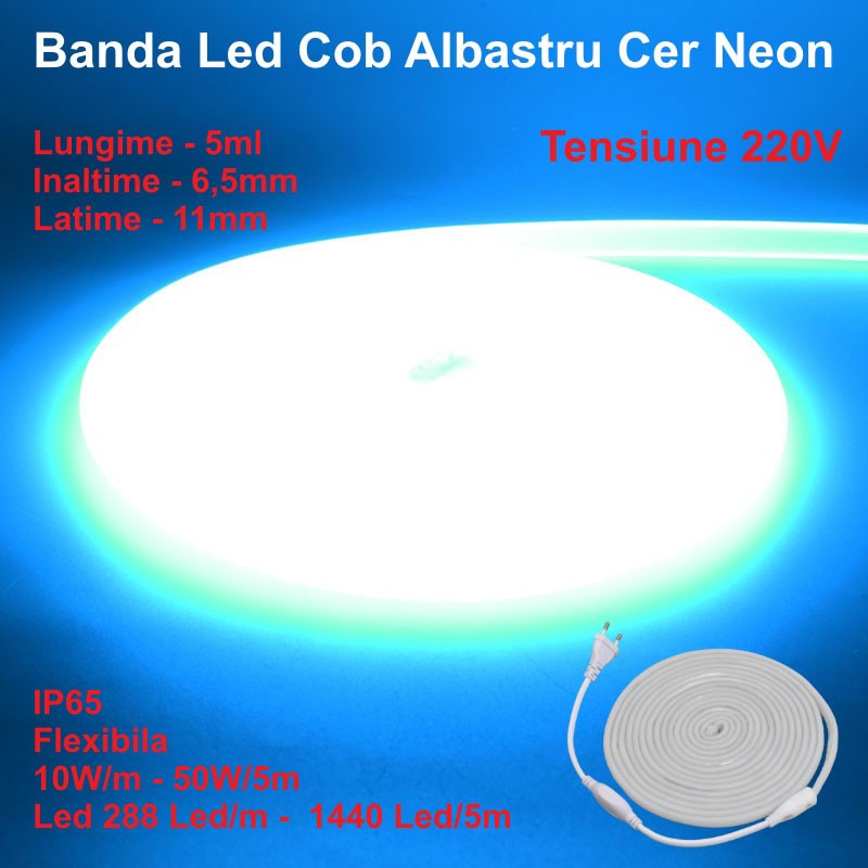 Bandă LED Neon Flex Albastru Cer 5m, 288 LED/m, IP65, 10W/m – Iluminat Decorativ pentru Interior și Exterior