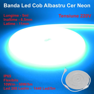 Bandă LED Neon Flex Albastru Cer 5m, 288 LED/m, IP65, 10W/m – Iluminat Decorativ pentru Interior și Exterior