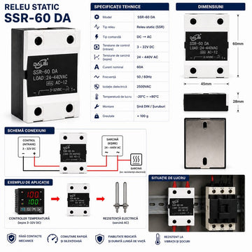 Releu Static SSR-60 DA 60A 24-440V AC, Control 3-32V DC