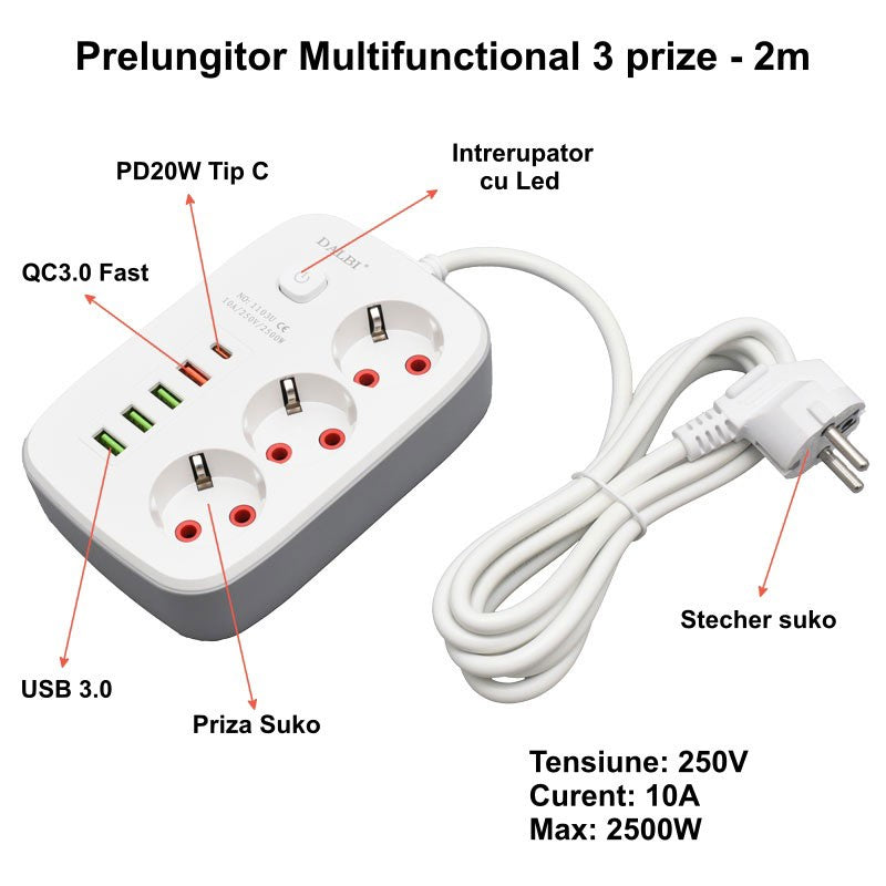 Prelungitor Multifuncțional 2m cu 4 Porturi USB 2.1A și PD – Priză cu Întrerupător pentru Birou, Acasă sau Utilizare Office
