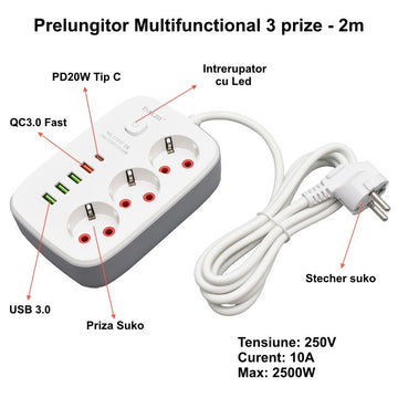 Prelungitor Multifuncțional 2m cu 4 Porturi USB 2.1A și PD – Priză cu Întrerupător pentru Birou, Acasă sau Utilizare Office
