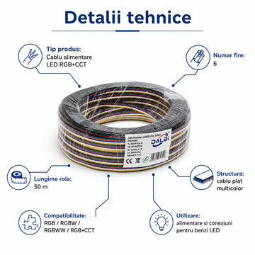 Cablu Alimentare LED RGB/RGBWW/RGB+CCT 6 Fire, 50m/Rolă DALBI