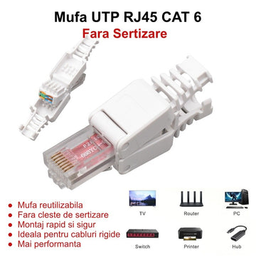 Mufă RJ45 CAT 6 UTP, Plastic Fără Sertizare
