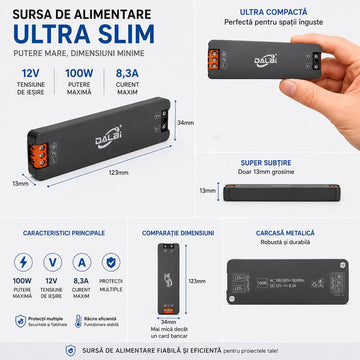 Sursă Alimentare LED 12V 100W 8.3A Ultra Slim 13mm