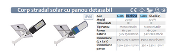 Corp Stradal LED Cu Panou Solar Monocristalin Detașabil, 6V/25W, Telecomandă