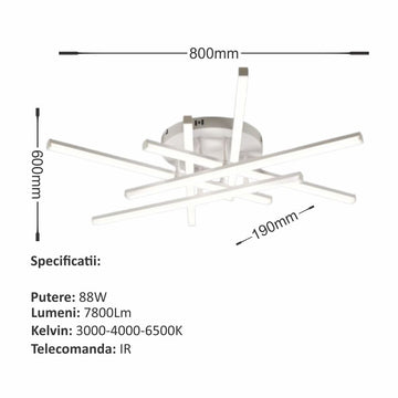 Lustră LED Axis Alb, 6 Brațe, 88W, 7800lm, 800x600x190mm