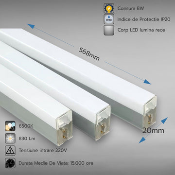 Corp LED T5 Interconectabil, 8W, 830lm, 6500K, IP20, 568x20mm